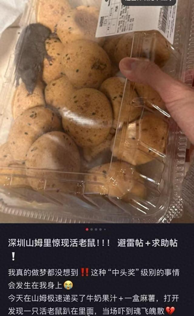 顾客称山姆一麻薯盒内发现活老鼠山姆致歉：商品系在取货点放置期间被周边虫害偶然侵入所致(图1)